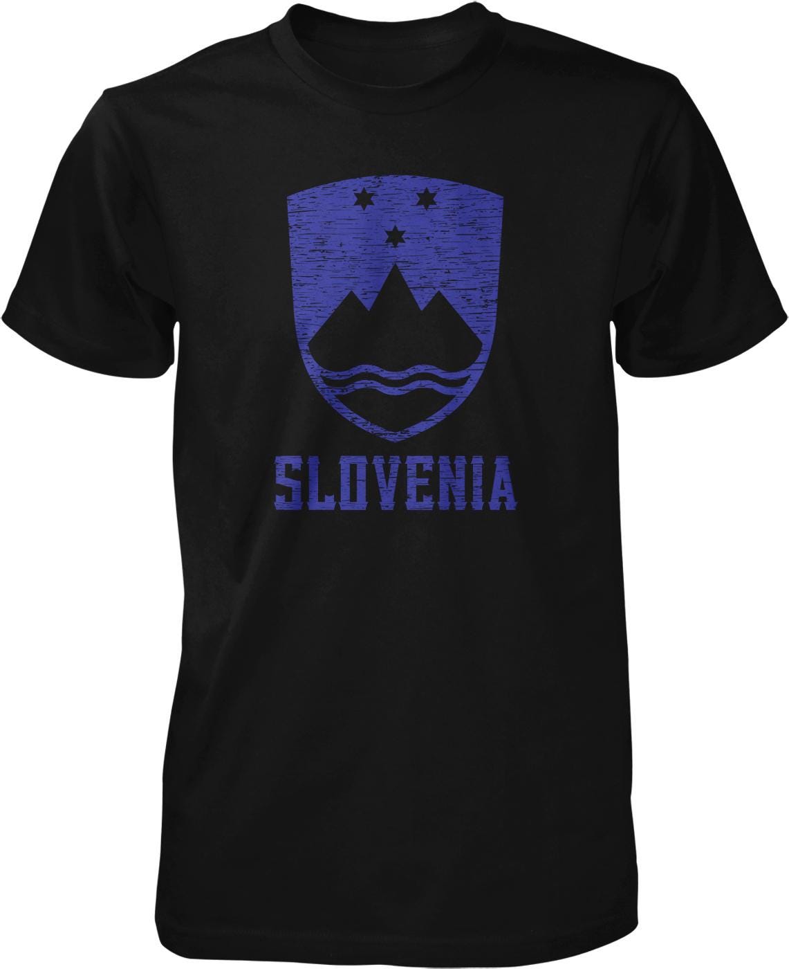 A black t-shirt with a graphic design featuring a shield-shaped emblem with mountains and stars, along with the text "SLOVENIA" below it.