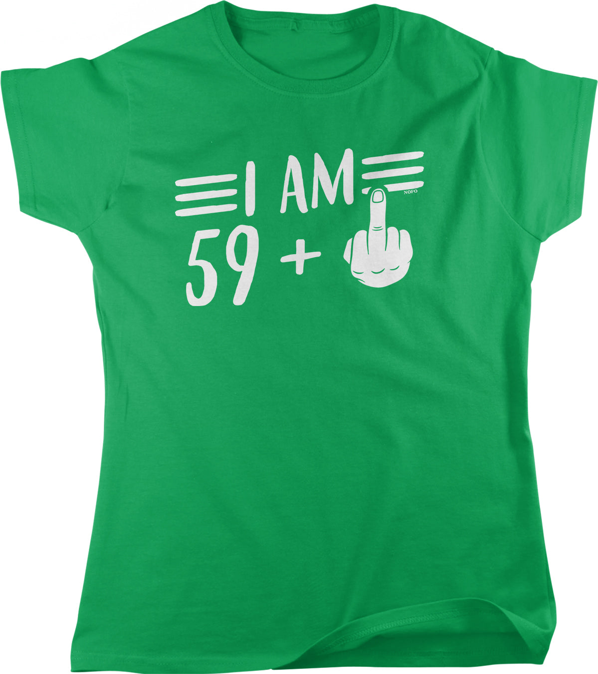 A green t-shirt with the text "I AM 59 +" printed on it.