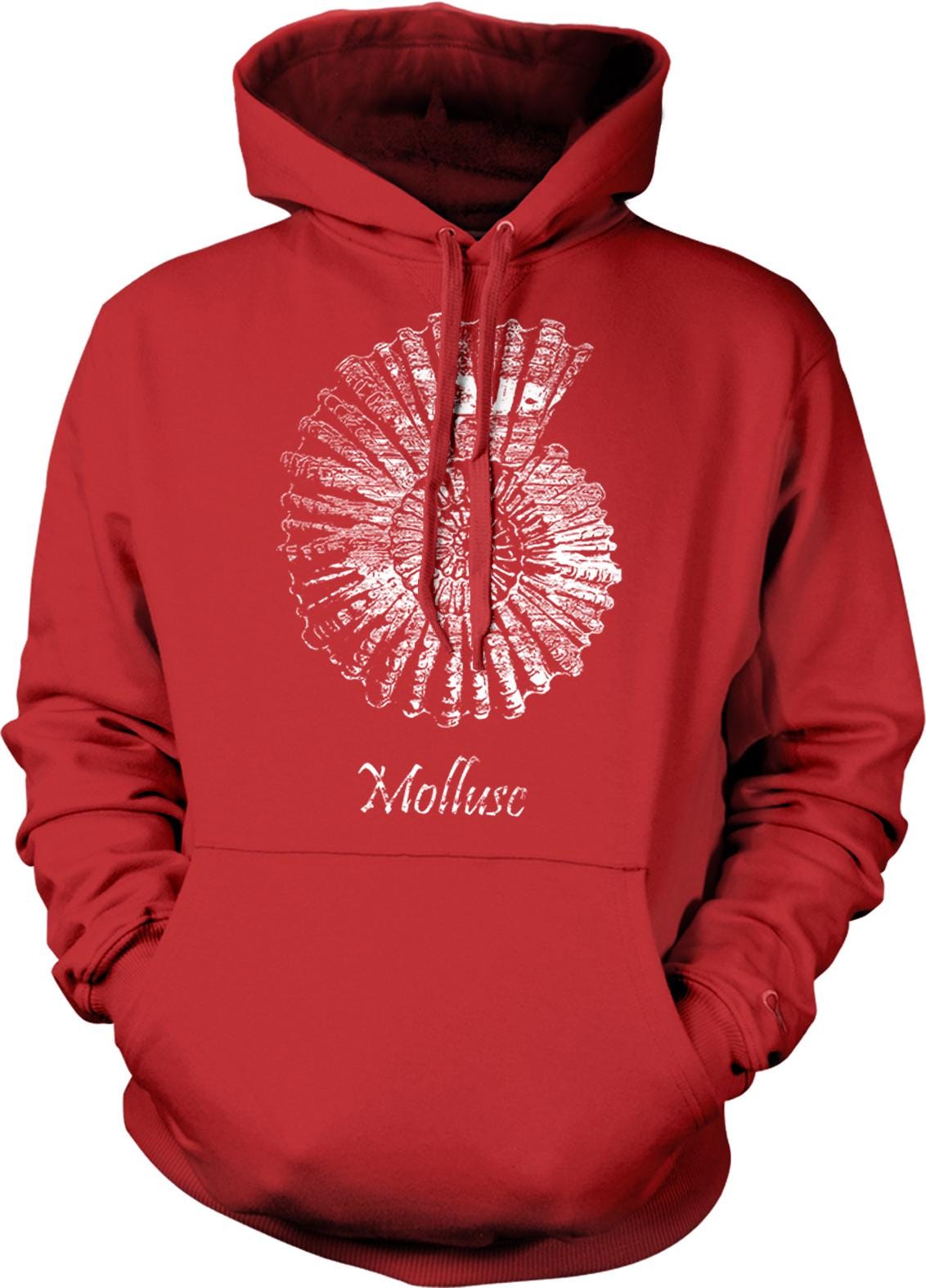 A red hoodie with a white spiral design on the front.