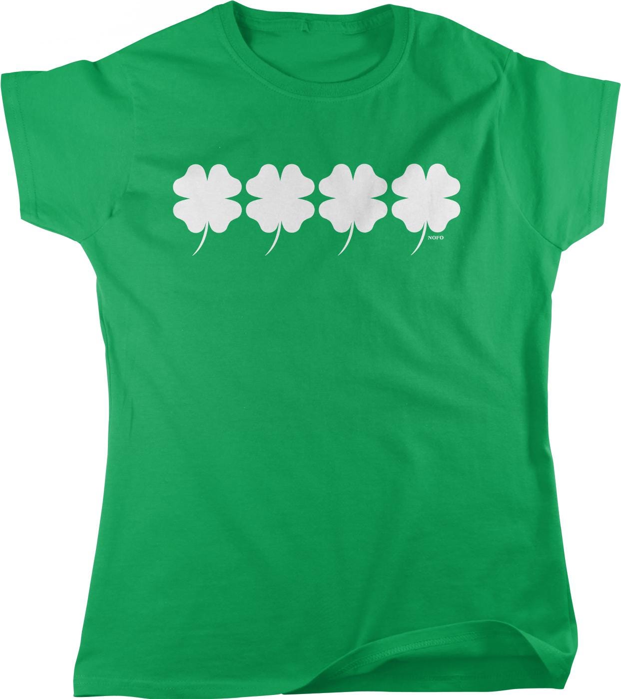 A green t-shirt with four white four-leaf clover designs printed on it.