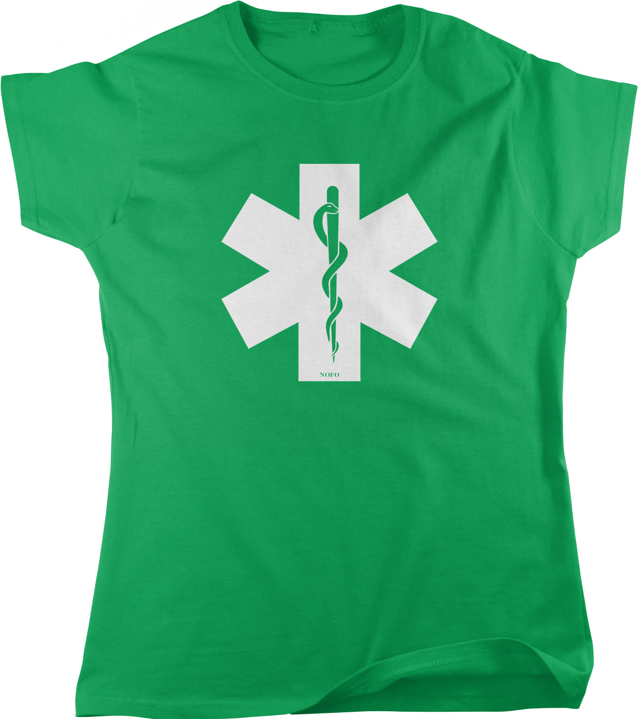 A green t-shirt with a white star-shaped logo featuring a medical symbol, such as a stethoscope or a snake, on it.