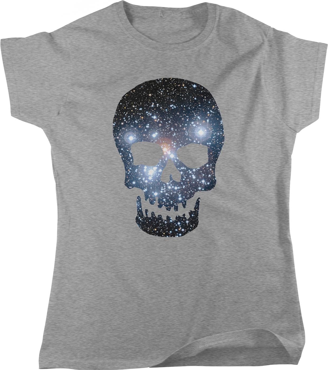 A gray t-shirt with a graphic design depicting a skull silhouette against a starry night sky background.