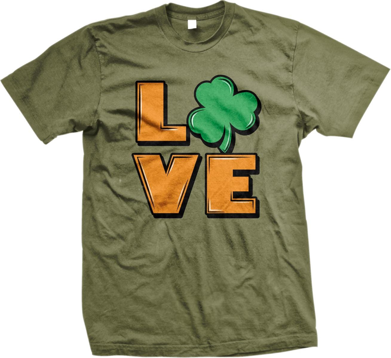 A green t-shirt with the word "LOVE" and a clover leaf graphic printed on it.