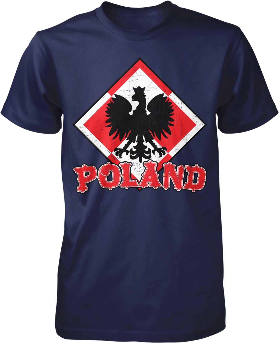 A navy blue t-shirt with a graphic design featuring a black bird, possibly a phoenix, and the word "POLAND" written below it.