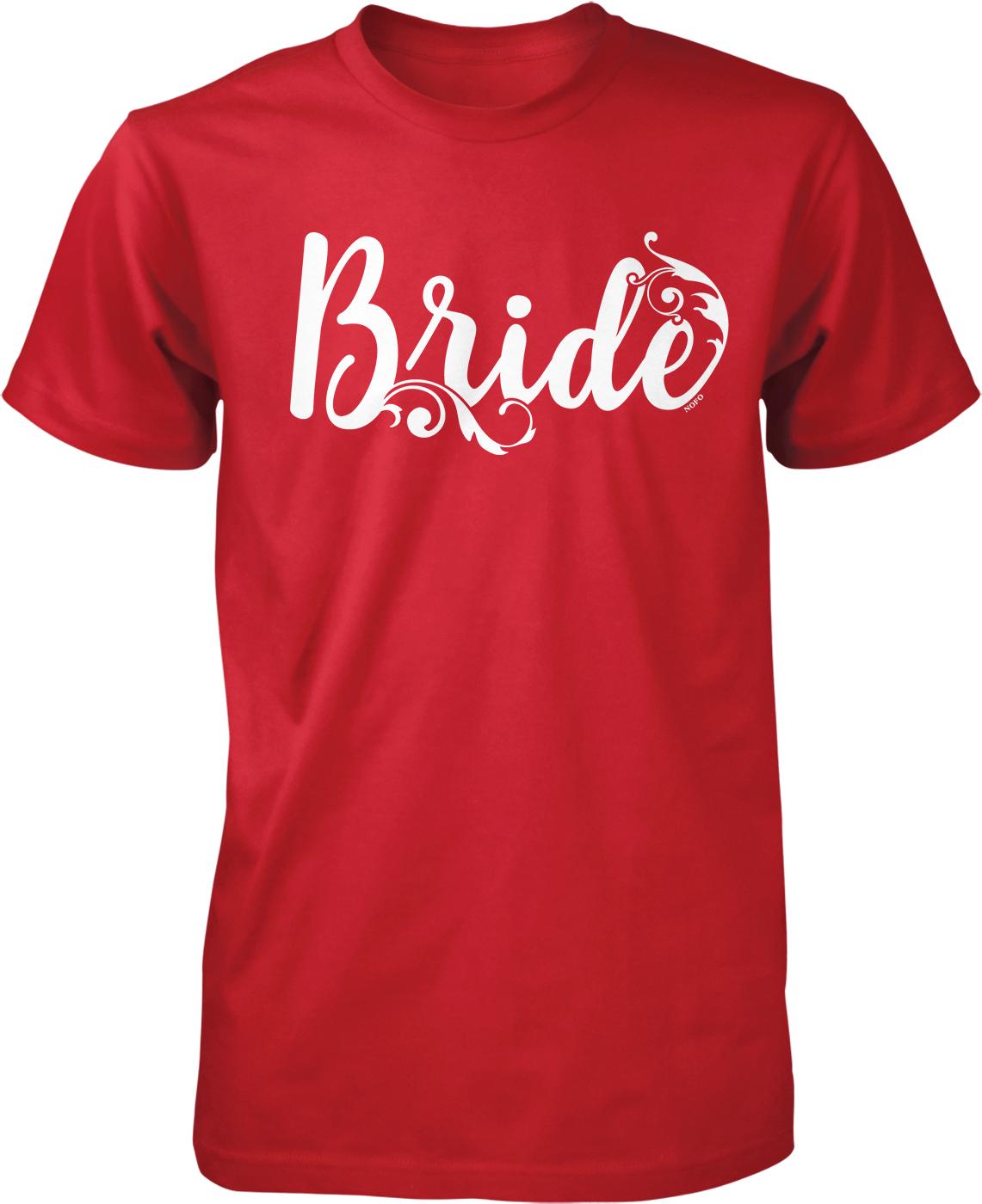 A red t-shirt with the word "Bride" printed in white text.