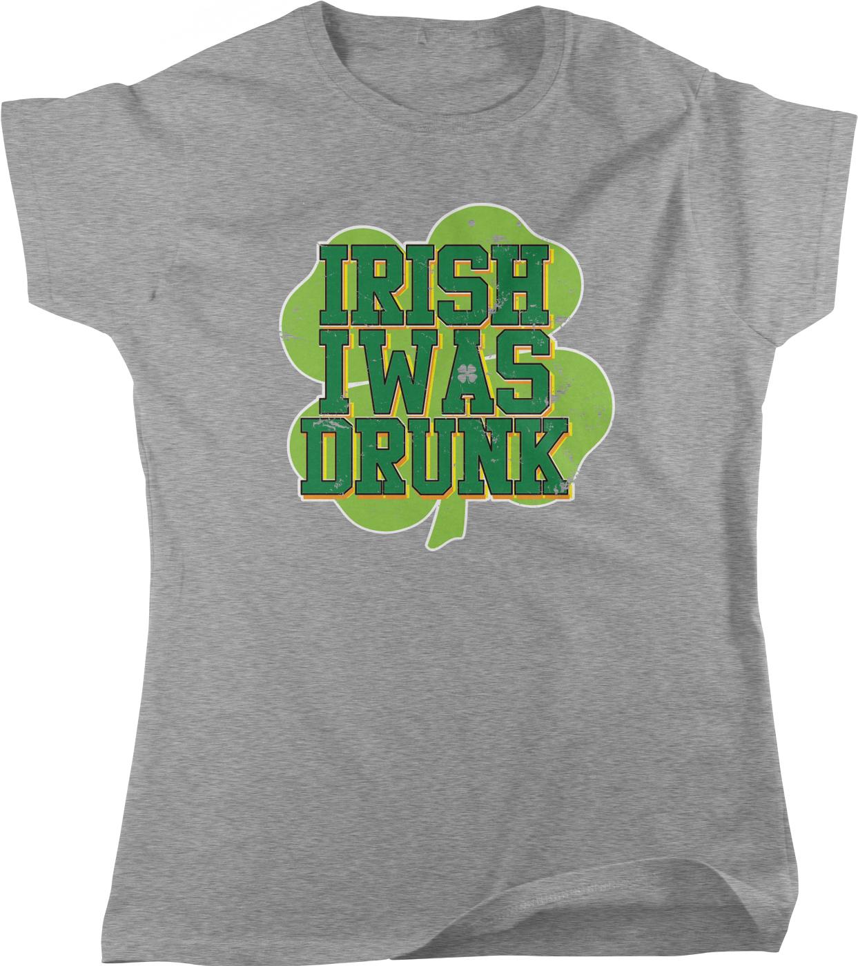 A grey t-shirt with a graphic design featuring the text "IRISH WAS DRINK" and a shamrock symbol.