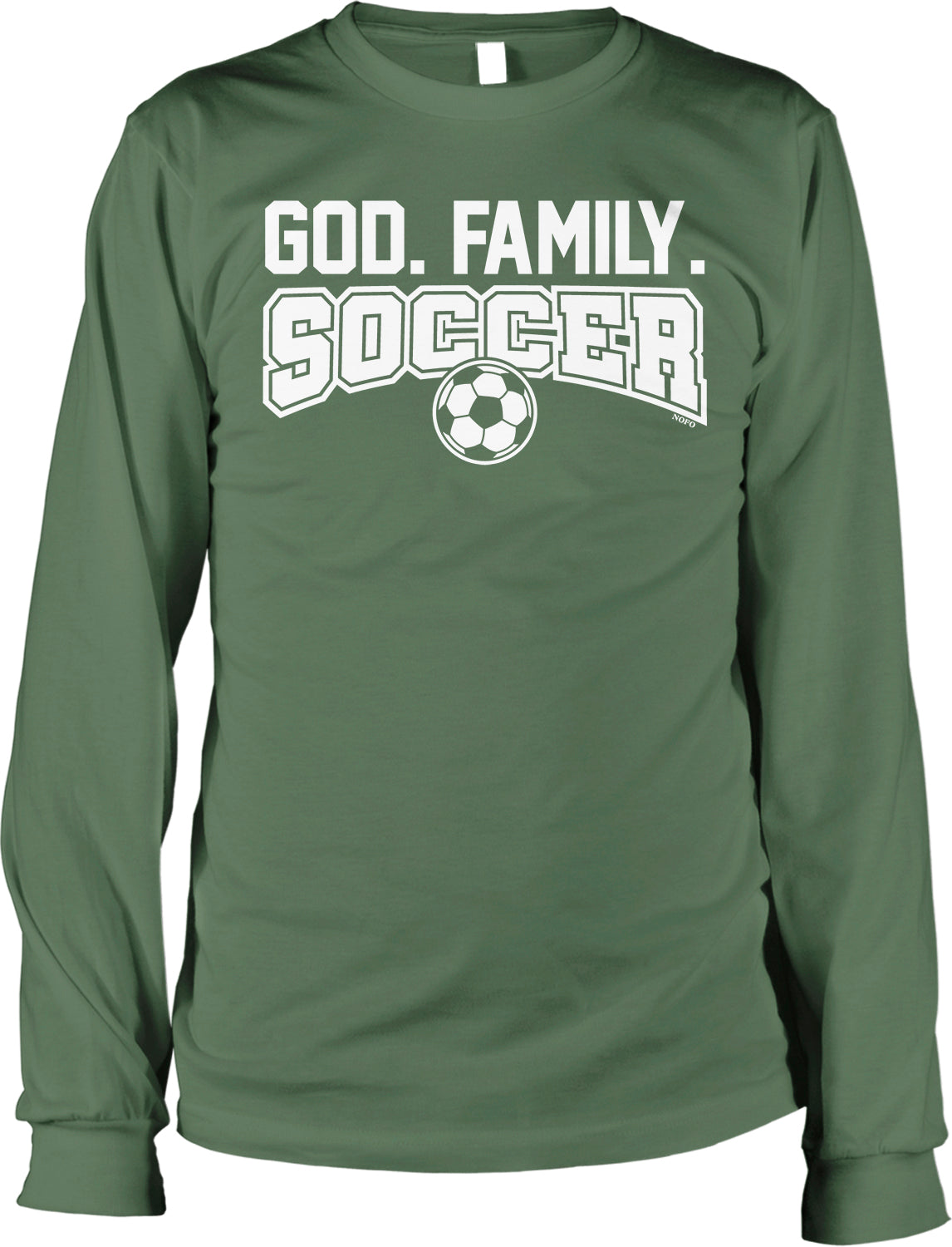 A long-sleeved green t-shirt with the text "GOD. FAMILY. SOCCER" printed on it, along with a soccer ball graphic.