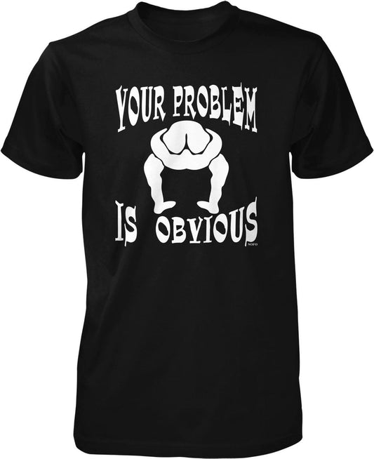 A black t-shirt with white text and a graphic design.