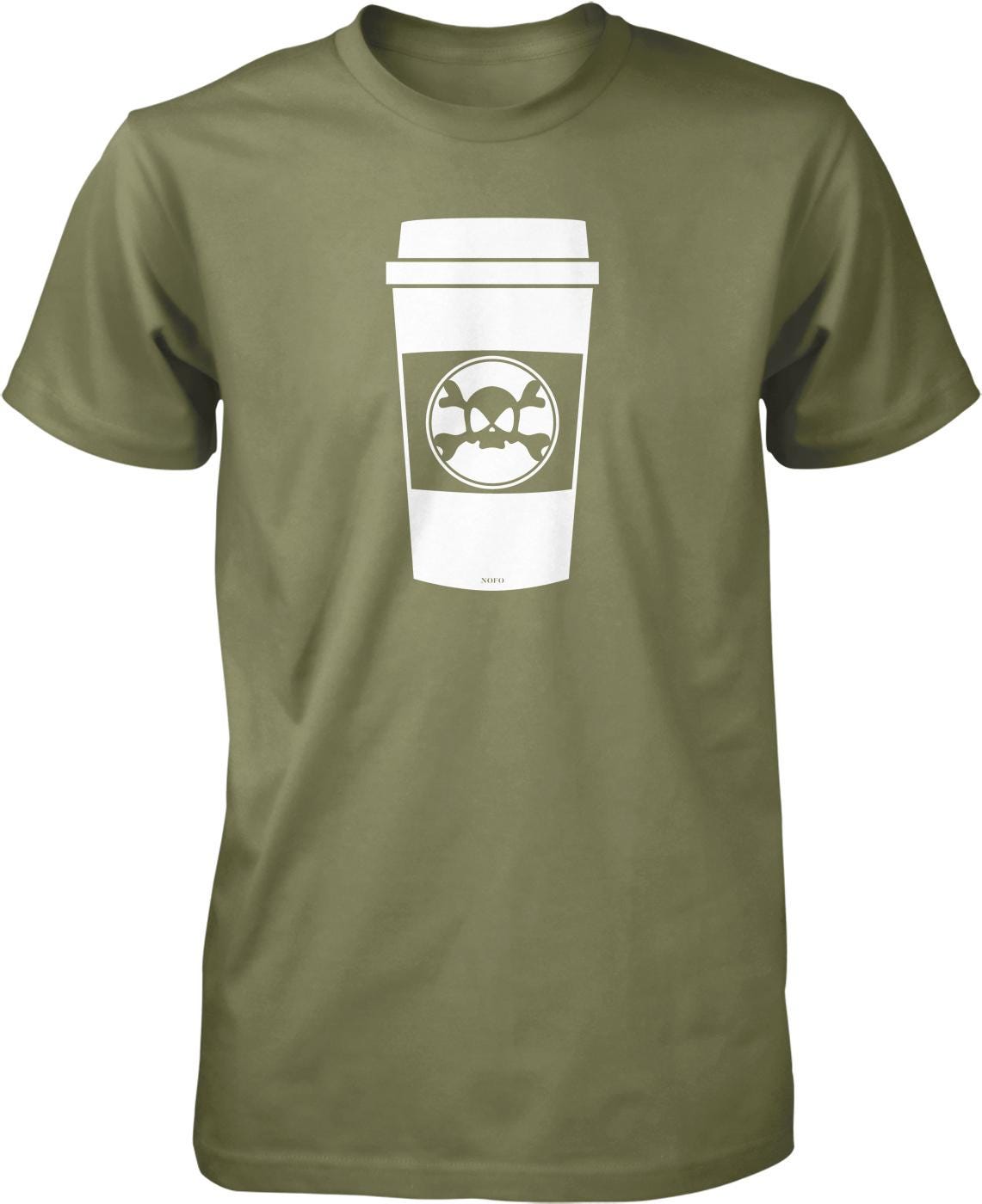 A green t-shirt with a white coffee cup graphic printed on it.