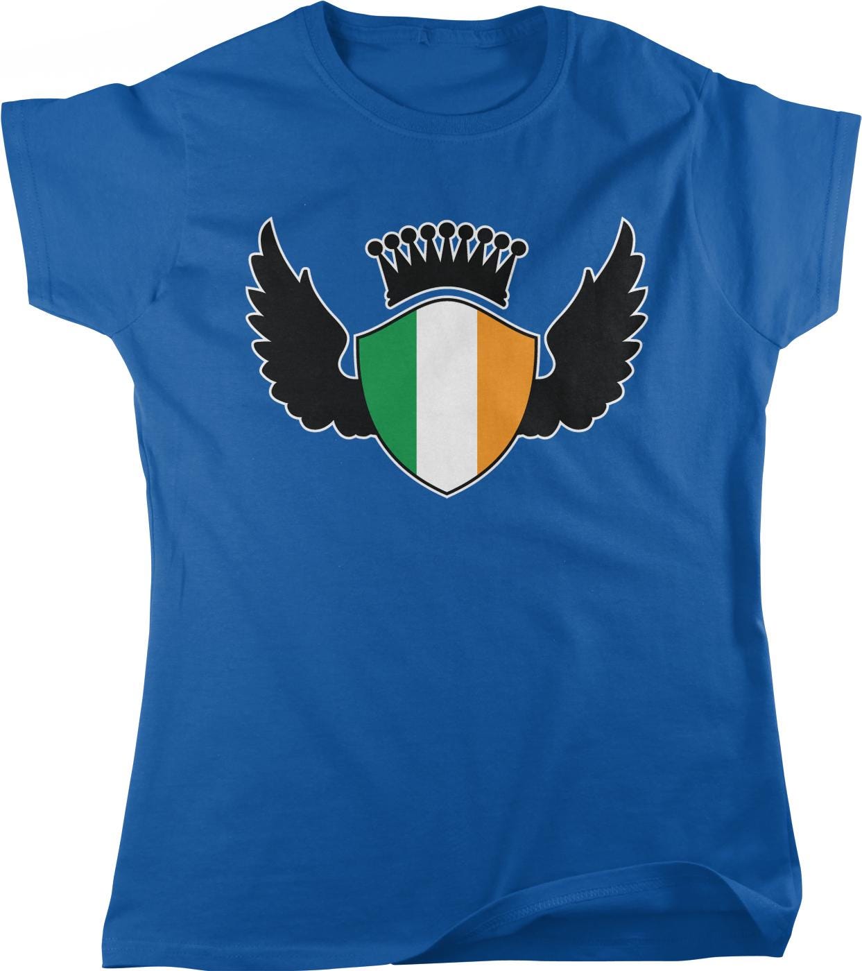 A blue t-shirt with a graphic design featuring a shield with a crown on top, surrounded by wings, and the colors of the Irish flag.