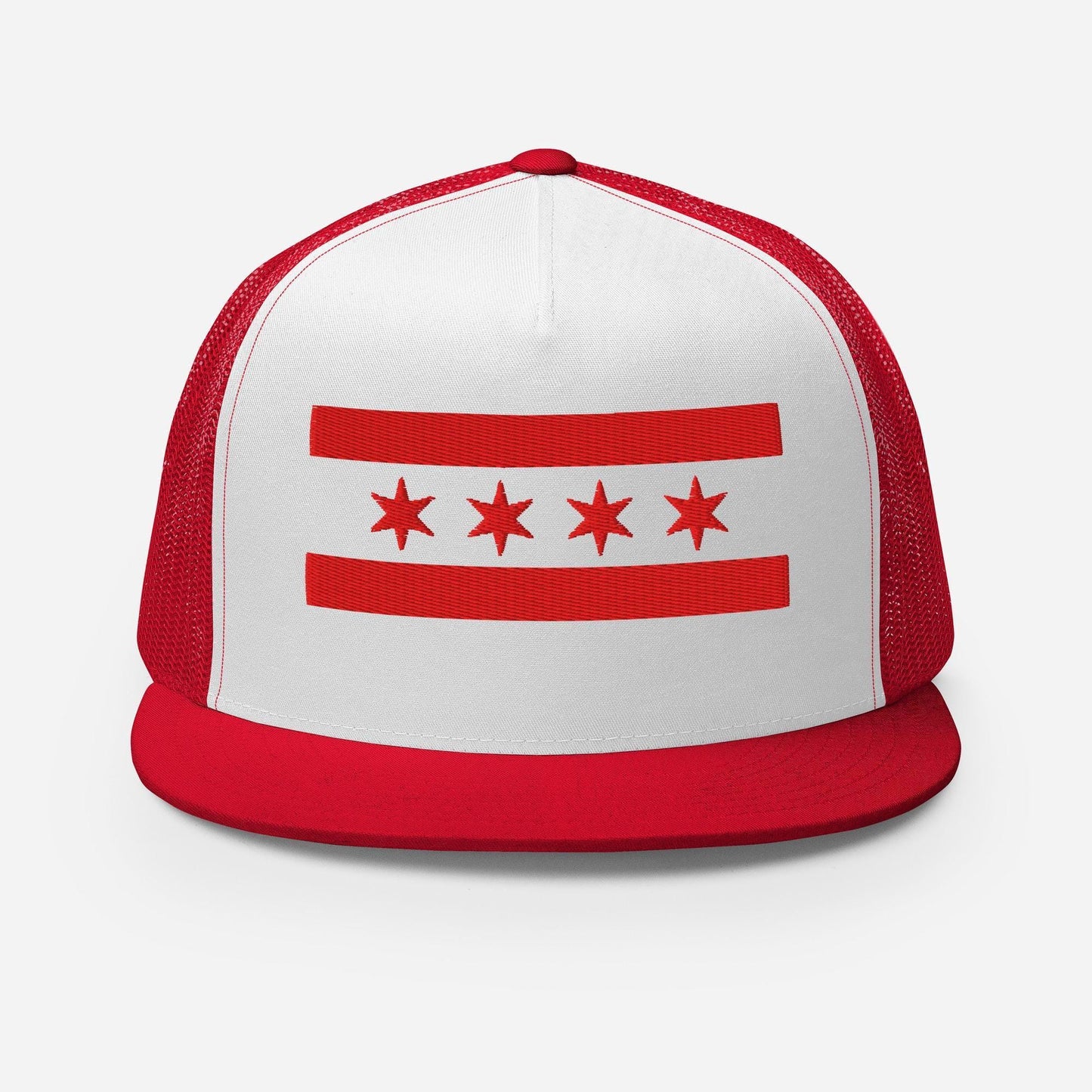 A red and white baseball cap with a red stripe and three red stars on a white background.