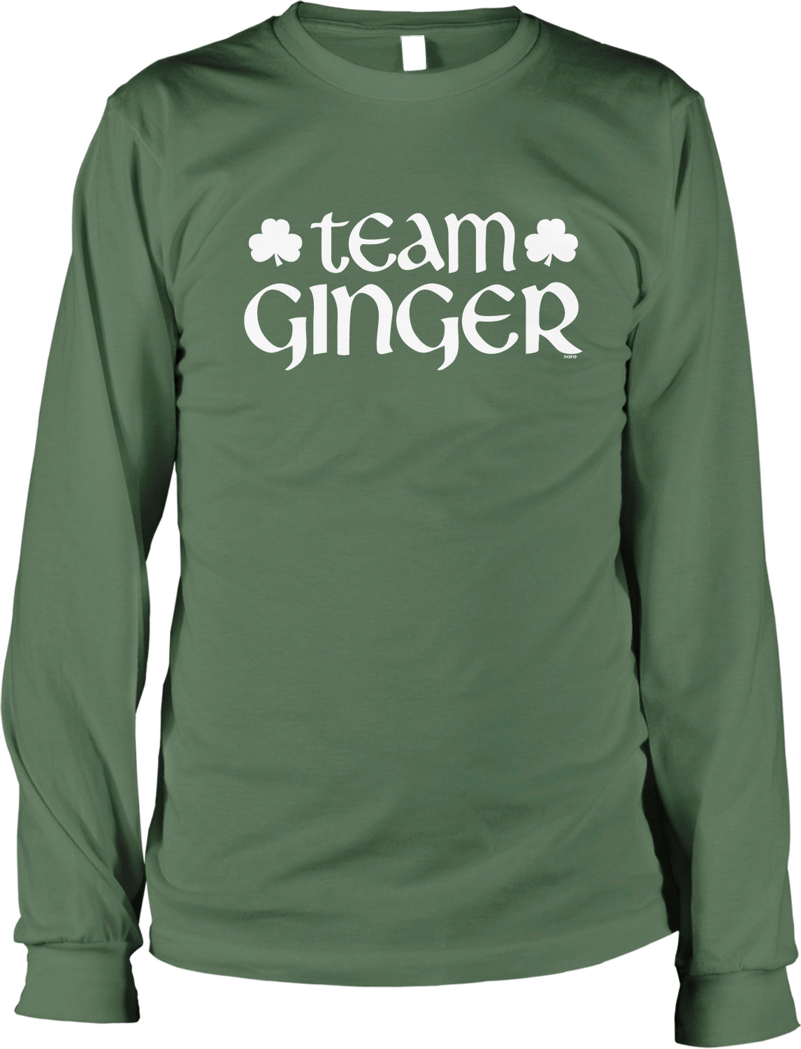 A green long-sleeved t-shirt with the text "team Ginger" printed on it in white letters.