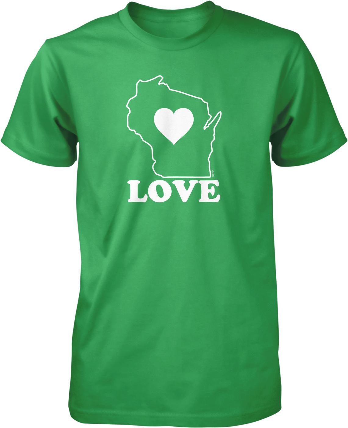 A green t-shirt with a white graphic design of the state of Wisconsin and the word "LOVE" printed on it.