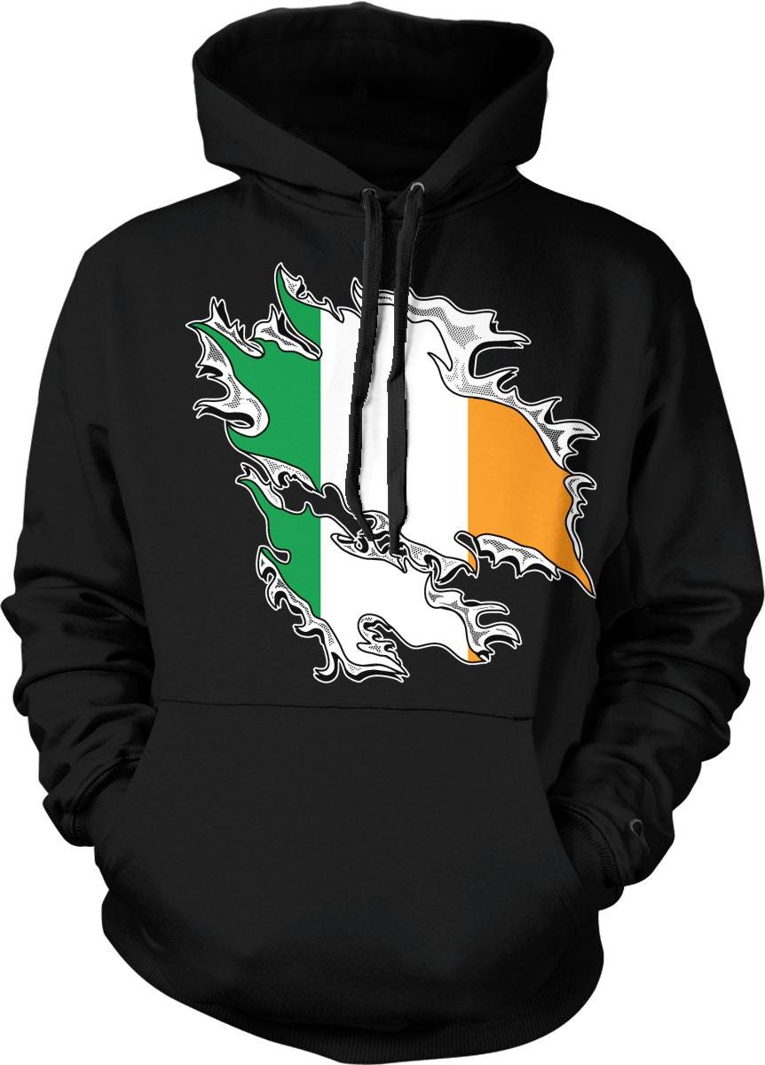 A black hoodie with a graphic design depicting the flag of Ireland.