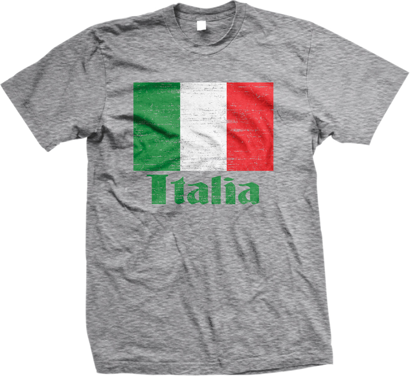 A gray t-shirt with a graphic design featuring the flag of Italy and the word "Italia" printed on it.