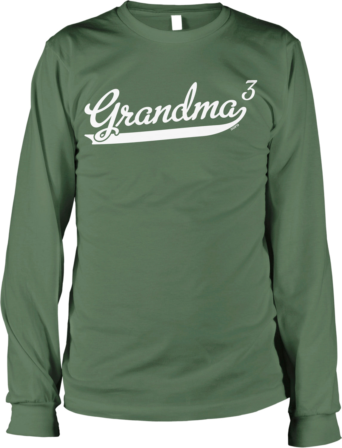 A green long-sleeved shirt with the text "Grandma 3" printed on it.