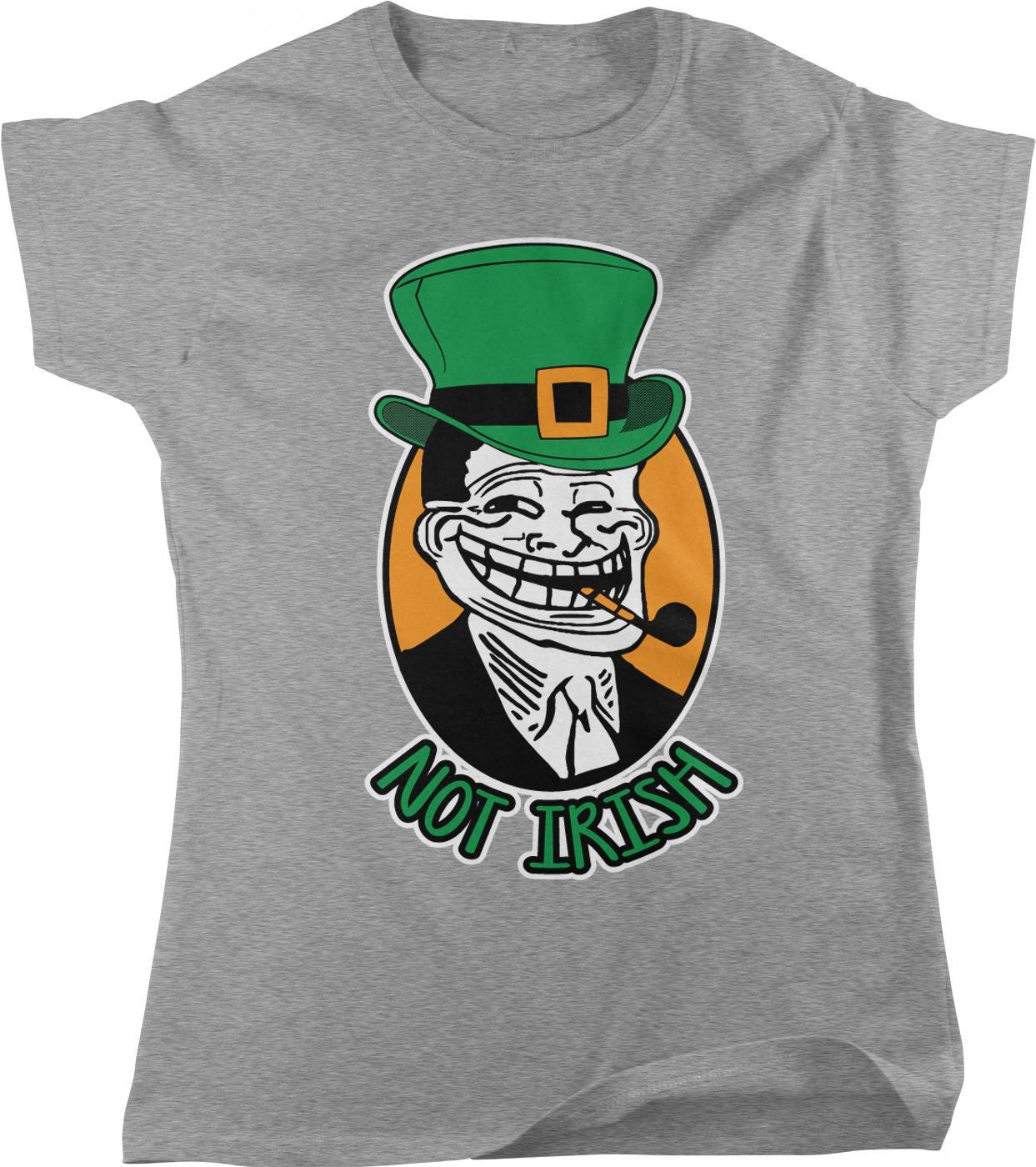 A gray t-shirt with a graphic design depicting a smiling man wearing a green top hat and the text &quot;NOT IRISH&quot; below the image.