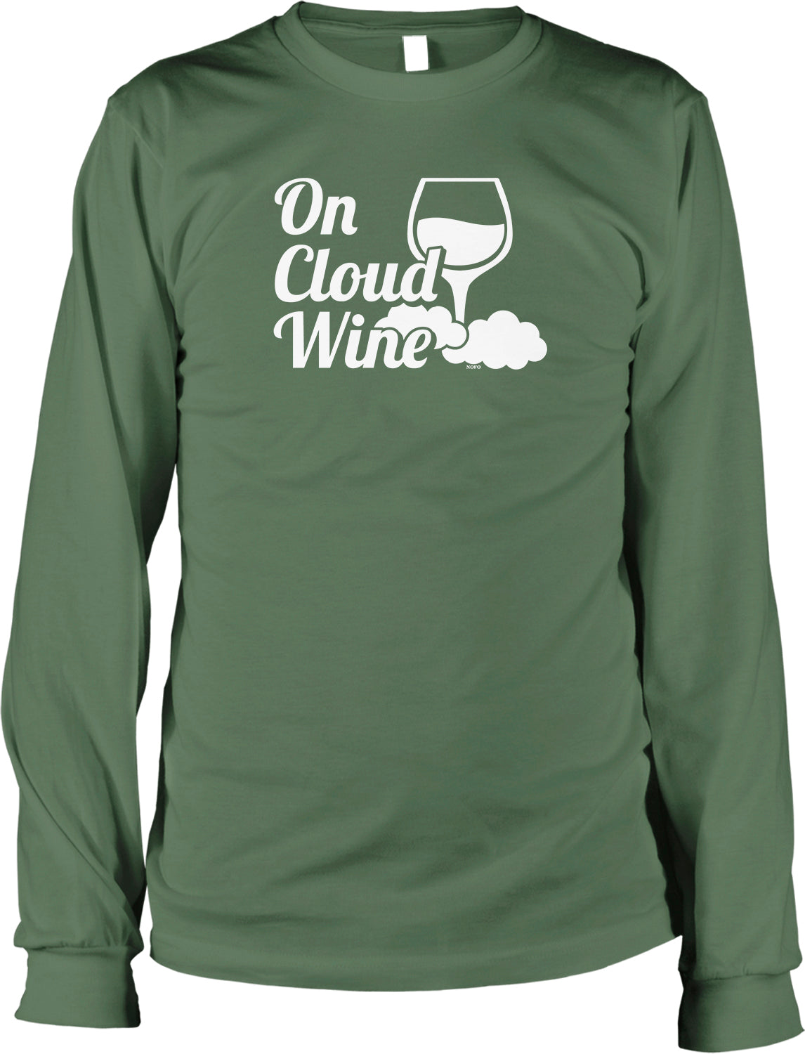 A green long-sleeved t-shirt with a white graphic design that says "On Cloud Wine" and features a wine glass with a cloud-like shape.