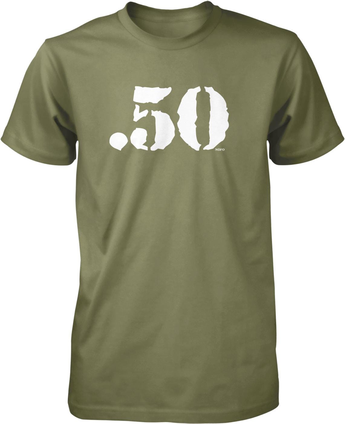 A green t-shirt with a large white number "50" printed on it.