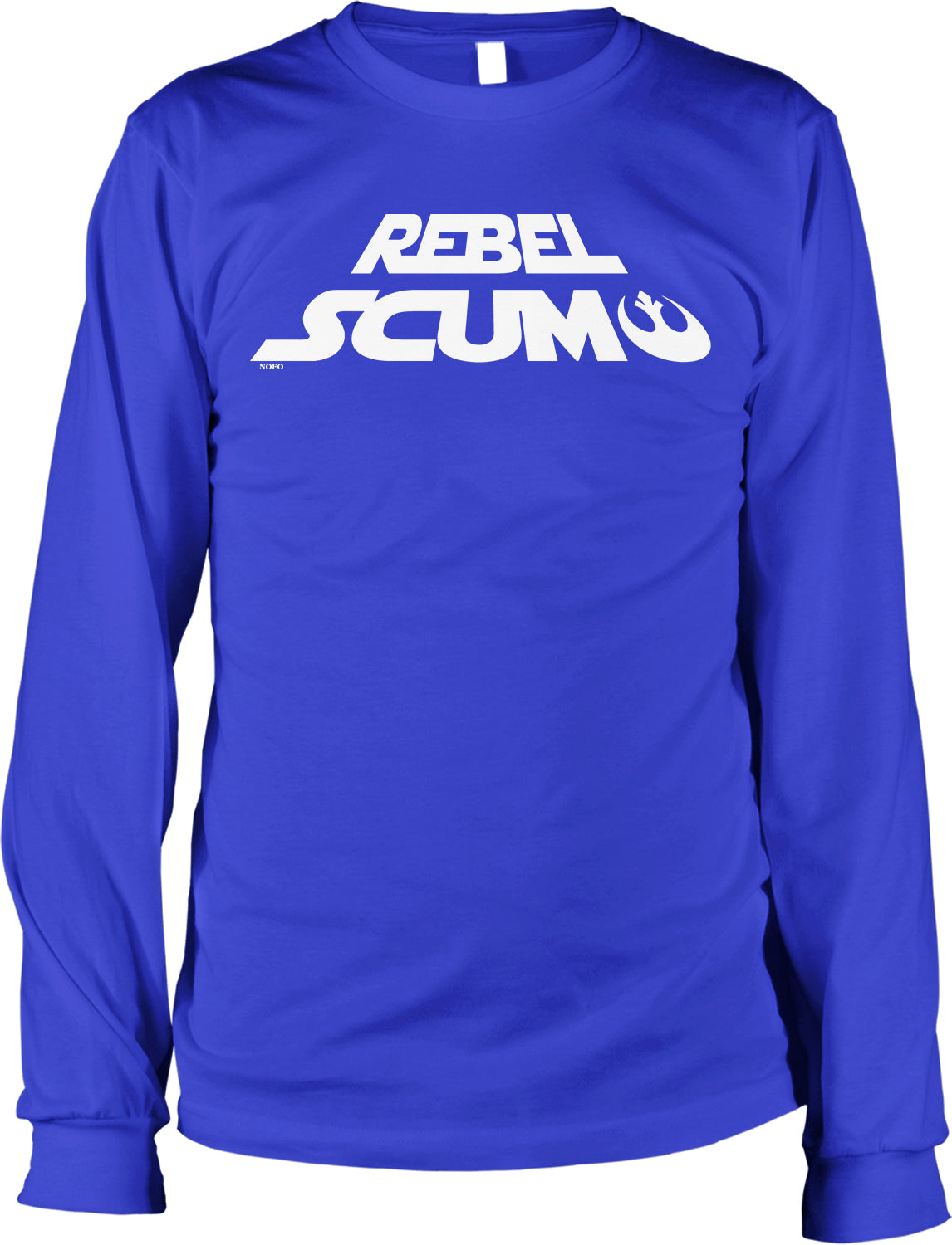 A long-sleeved blue t-shirt with the text "REBEL SCUM" printed on it in white letters.