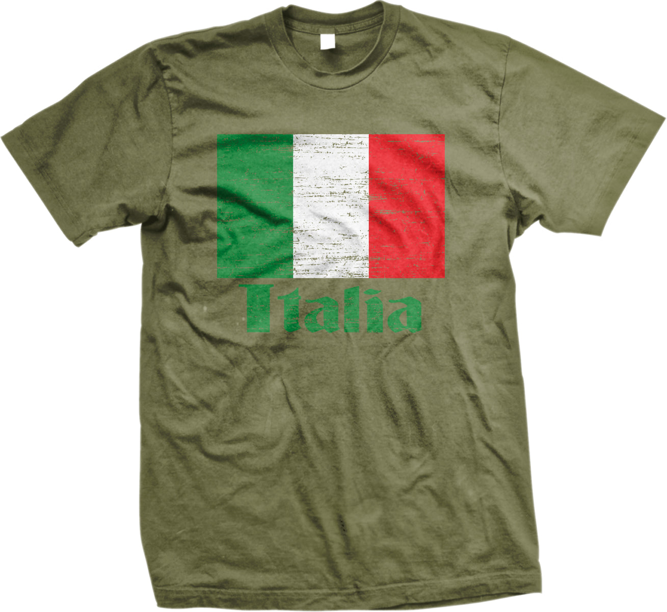 A green t-shirt with a graphic design featuring the flag of Italy and the word "Italia" printed on it.