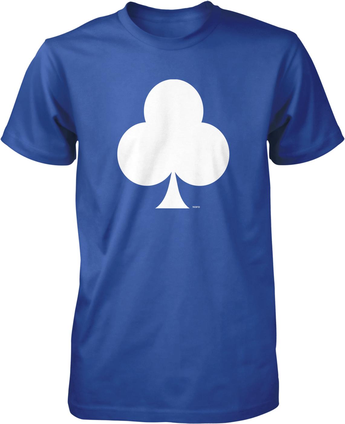 A blue t-shirt with a white graphic of a three-leaf clover on it.