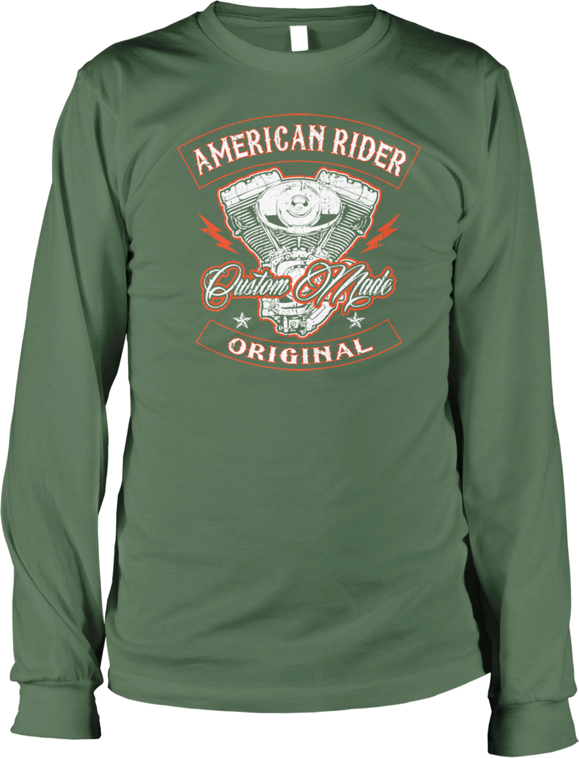 A long-sleeved green t-shirt with a graphic design featuring a motorcycle engine and the text "American Rider Custom Made Original".
