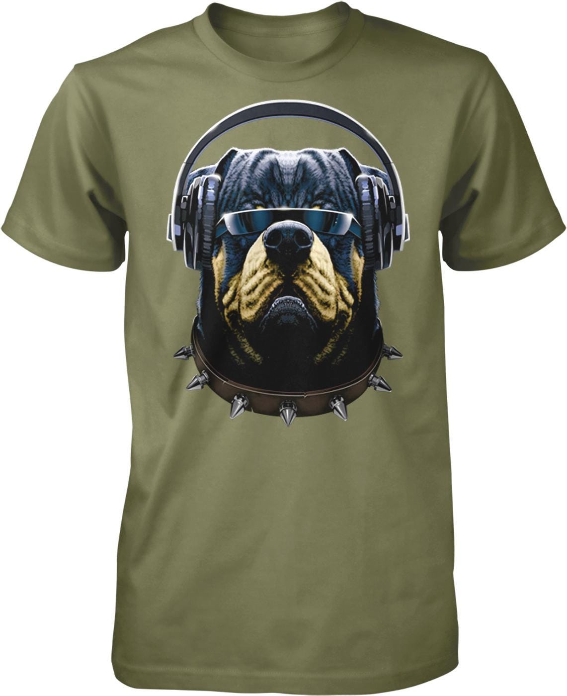 A t-shirt design featuring a dog wearing headphones and sunglasses, with spikes on its collar.
