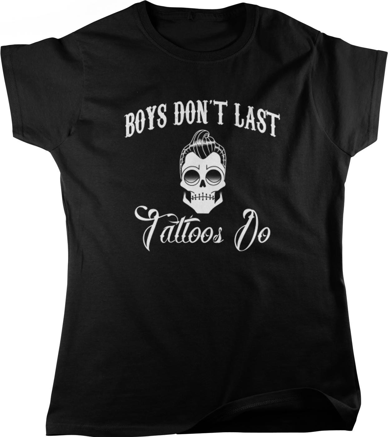 A black t-shirt with white text and a skull graphic printed on it.