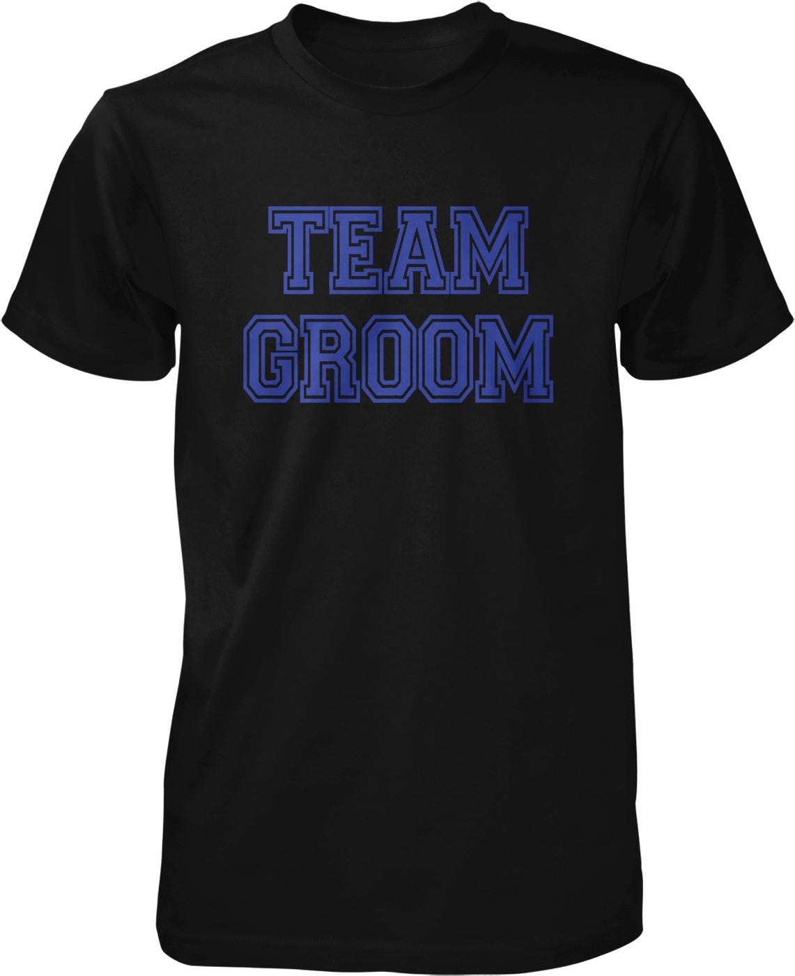 A black t-shirt with the text "TEAM GROOM" printed in blue letters.