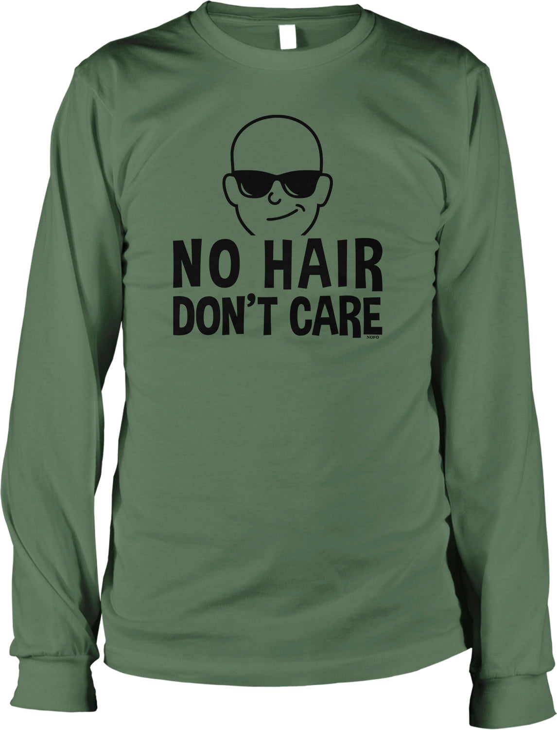 A green long-sleeved t-shirt with a graphic design of a bald head wearing sunglasses and the text "NO HAIR DON'T CARE" printed on it.