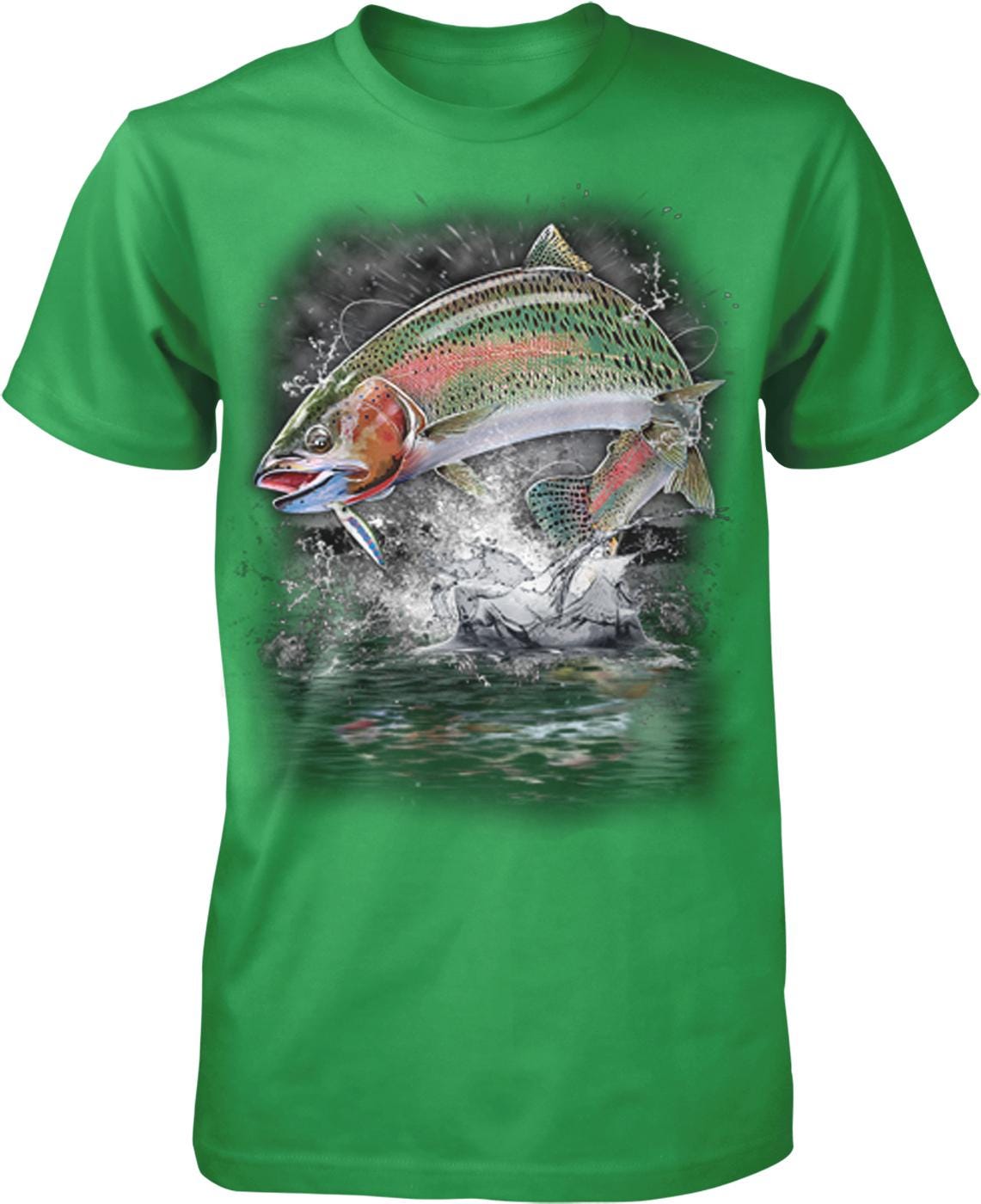 A green t-shirt with a graphic design depicting a fish jumping out of the water, surrounded by splashing water and a dark background.