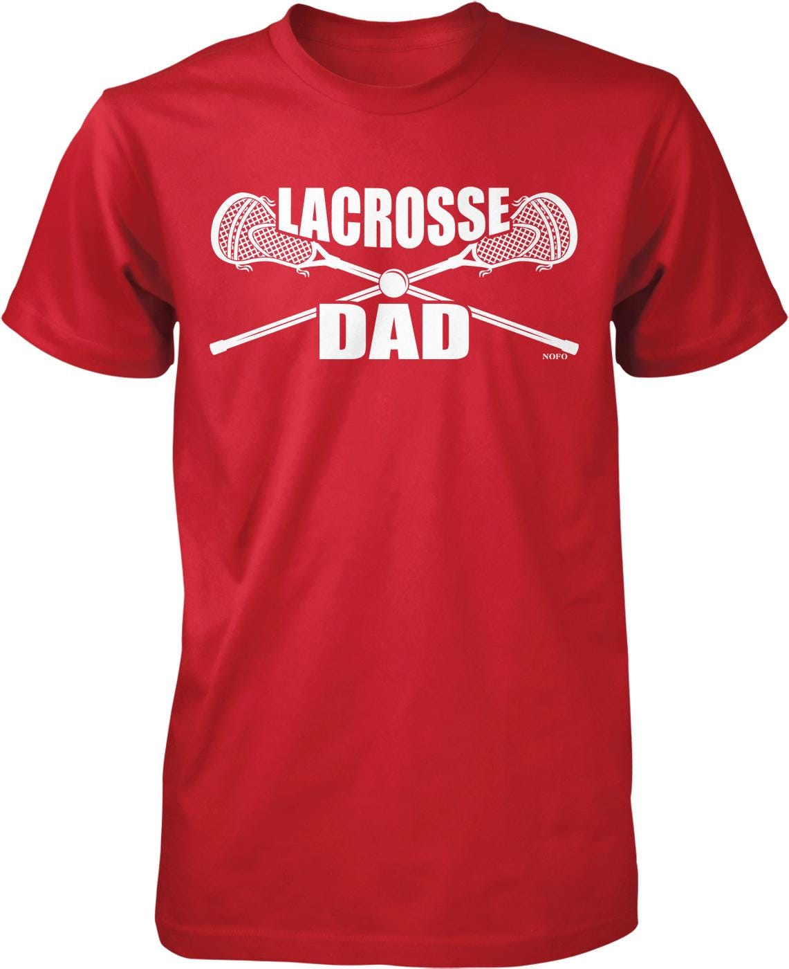 A red t-shirt with the text "LACROSSE DAD" printed on it, along with a graphic of a lacrosse stick crossed over a lacrosse net.