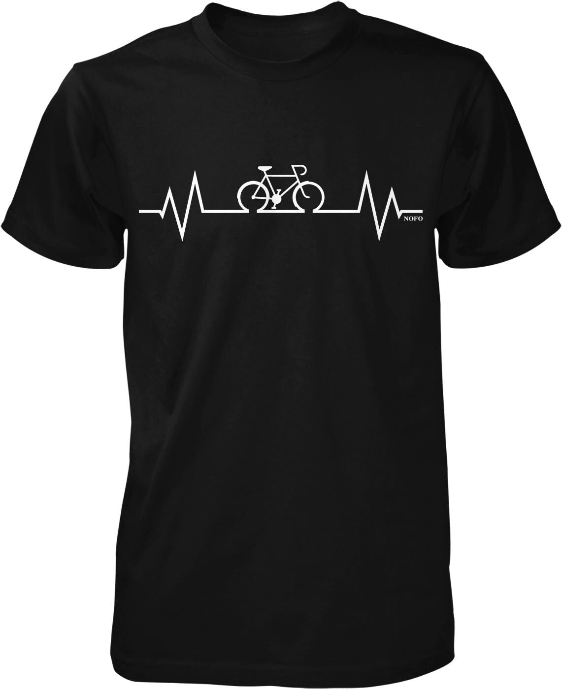 A black t-shirt with a white graphic design depicting a bicycle and a line graph or ECG-like line representing a person's heart rate.