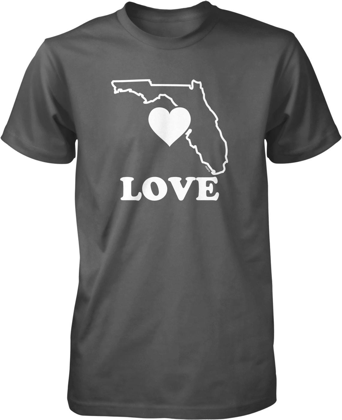 A gray t-shirt with a white graphic design that includes a heart symbol and the word "LOVE" written below it.