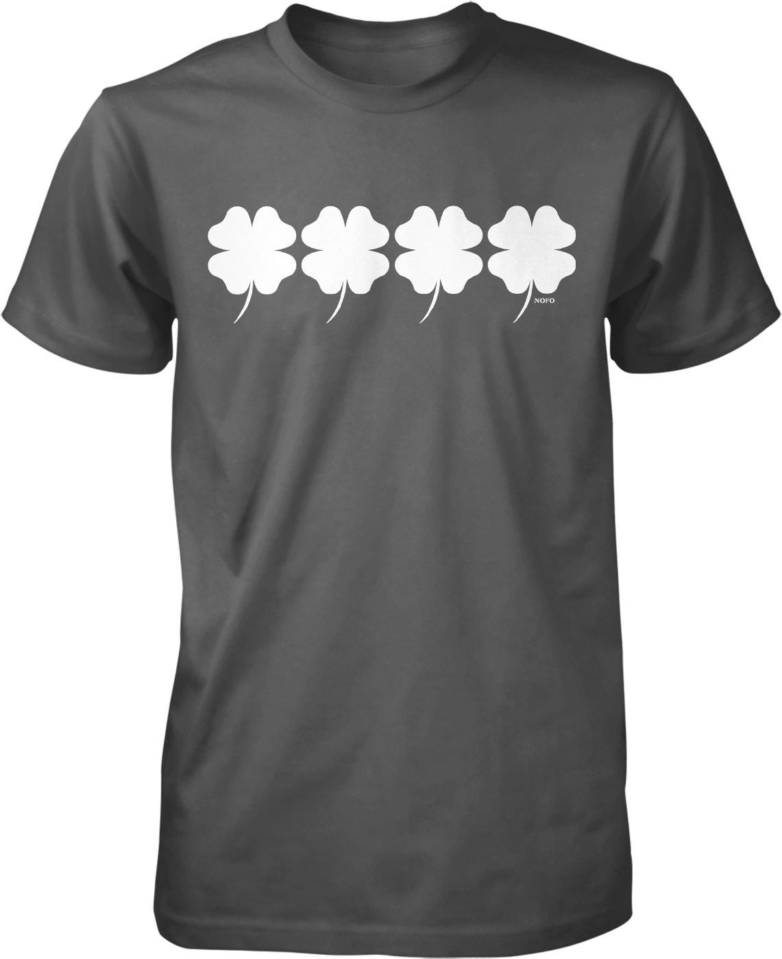 A gray t-shirt with a graphic design of four white clovers arranged in a row.