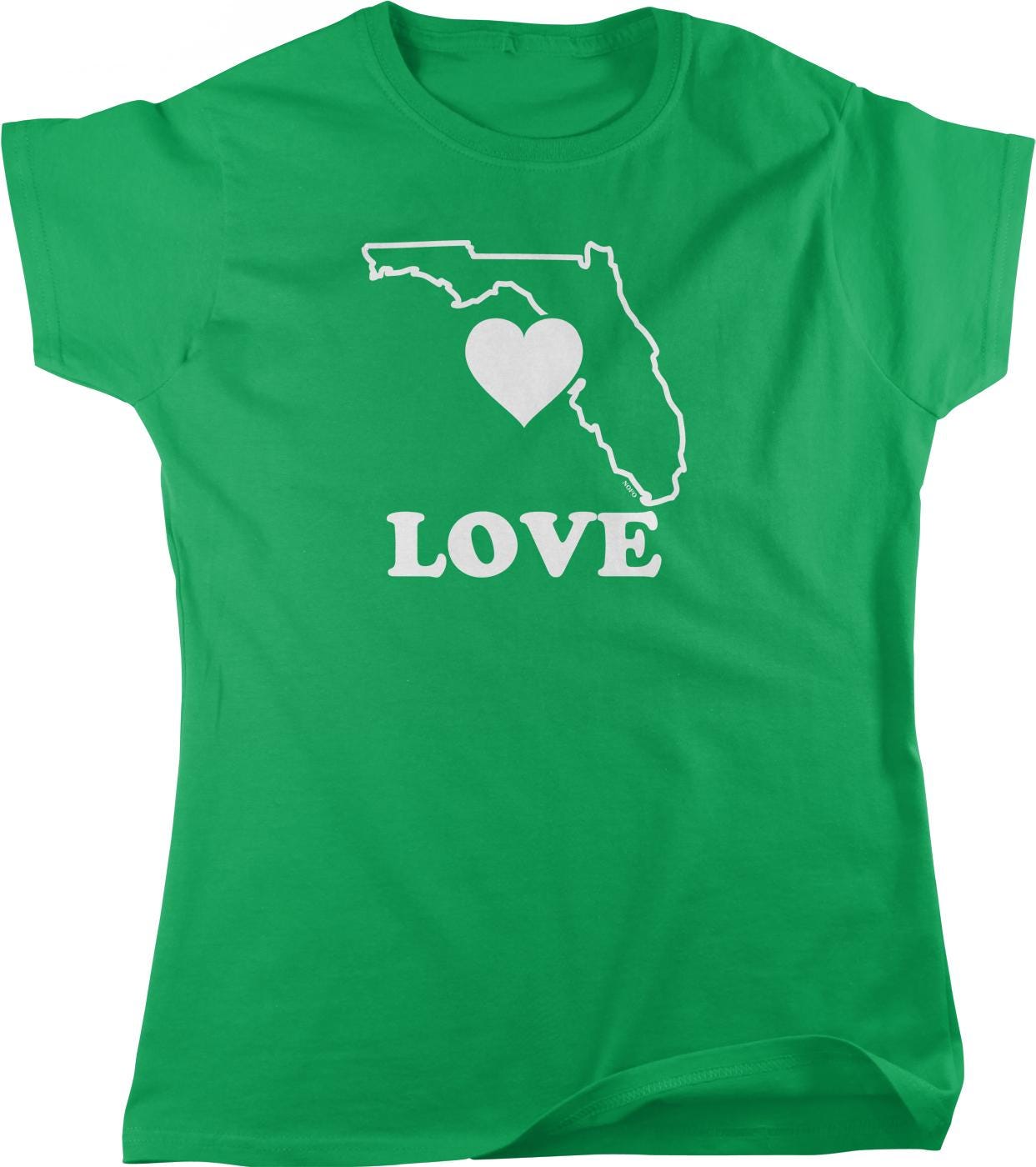 A green t-shirt with a white graphic design that says "LOVE" and a heart symbol inside a map of Florida.