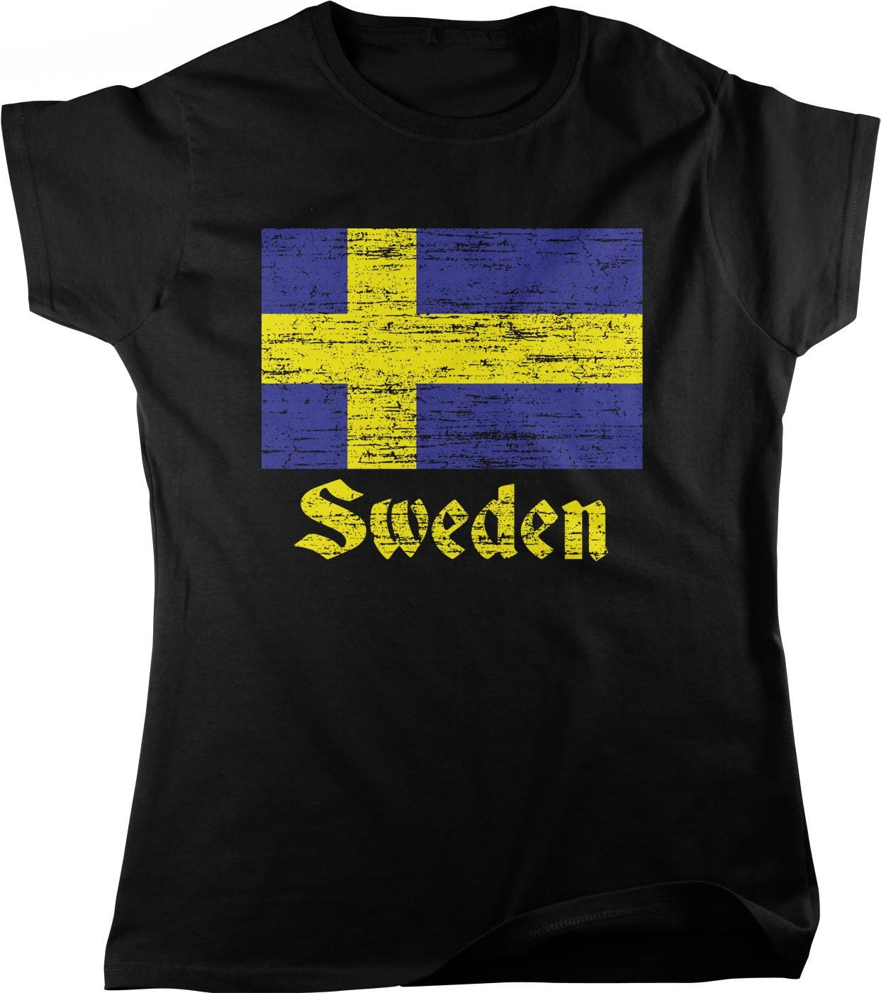 A black t-shirt with a graphic design featuring the flag of Sweden and the word "Sweden" written below it.