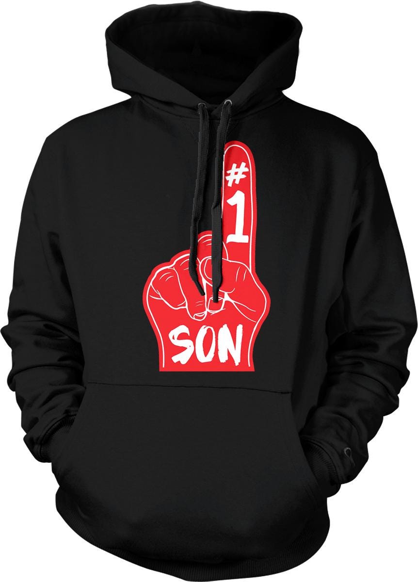 A black hoodie with a red graphic design on the front, depicting a hand with the number 1 and the word "SON" written below it.