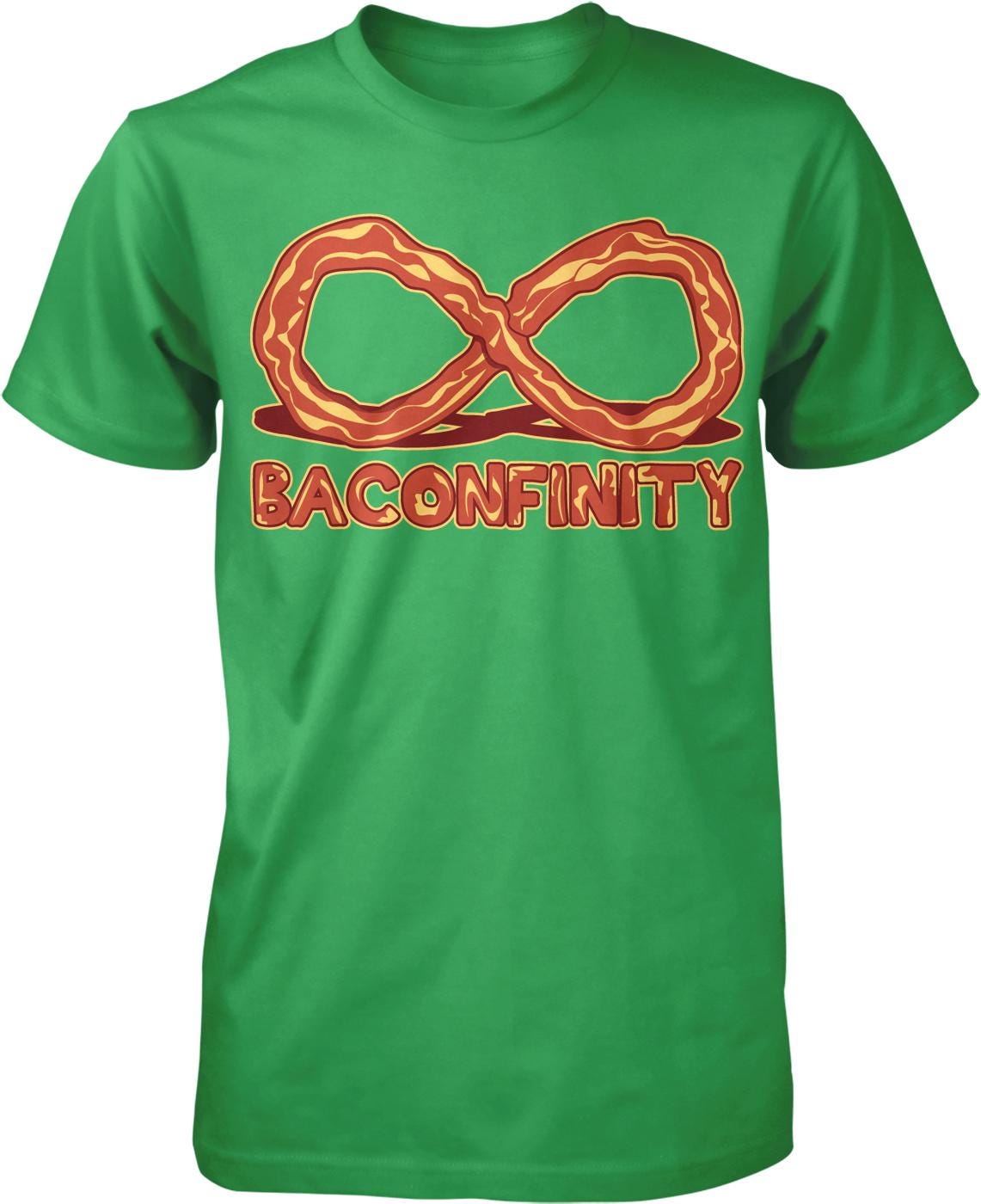 A green t-shirt with a graphic design featuring a large bacon-flavored pretzel and the text "BACONFINITY" below it.