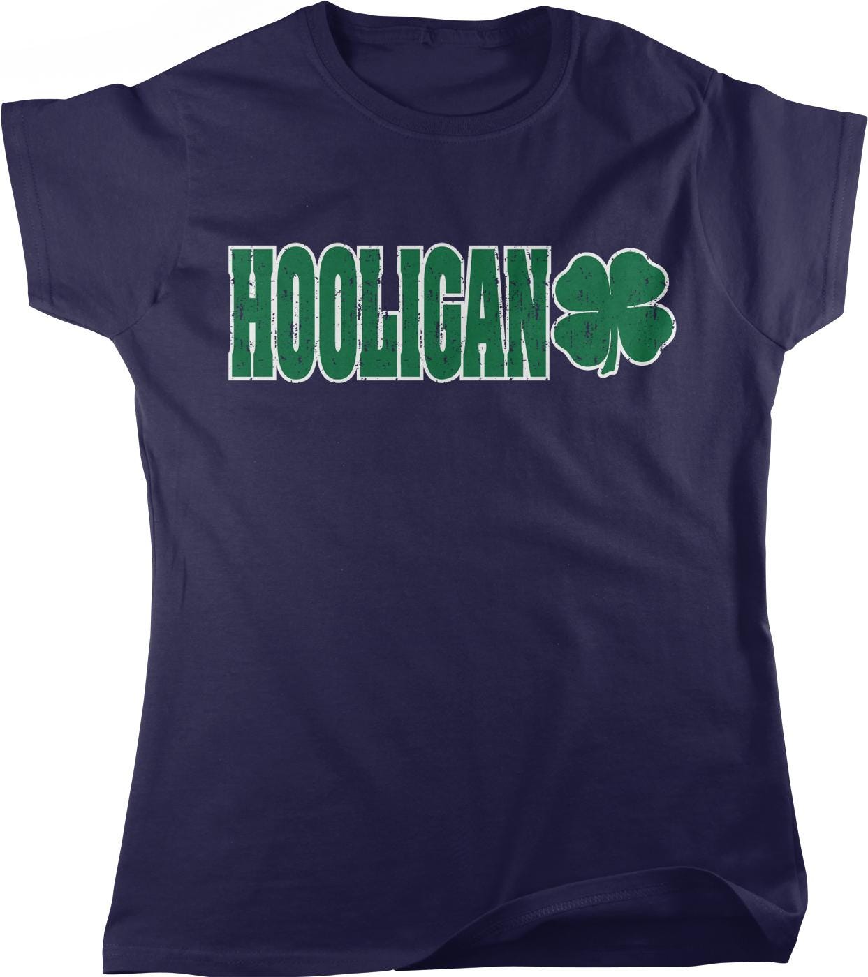 A dark blue t-shirt with the text "HOOLLICAN" and a four-leaf clover graphic printed on it.