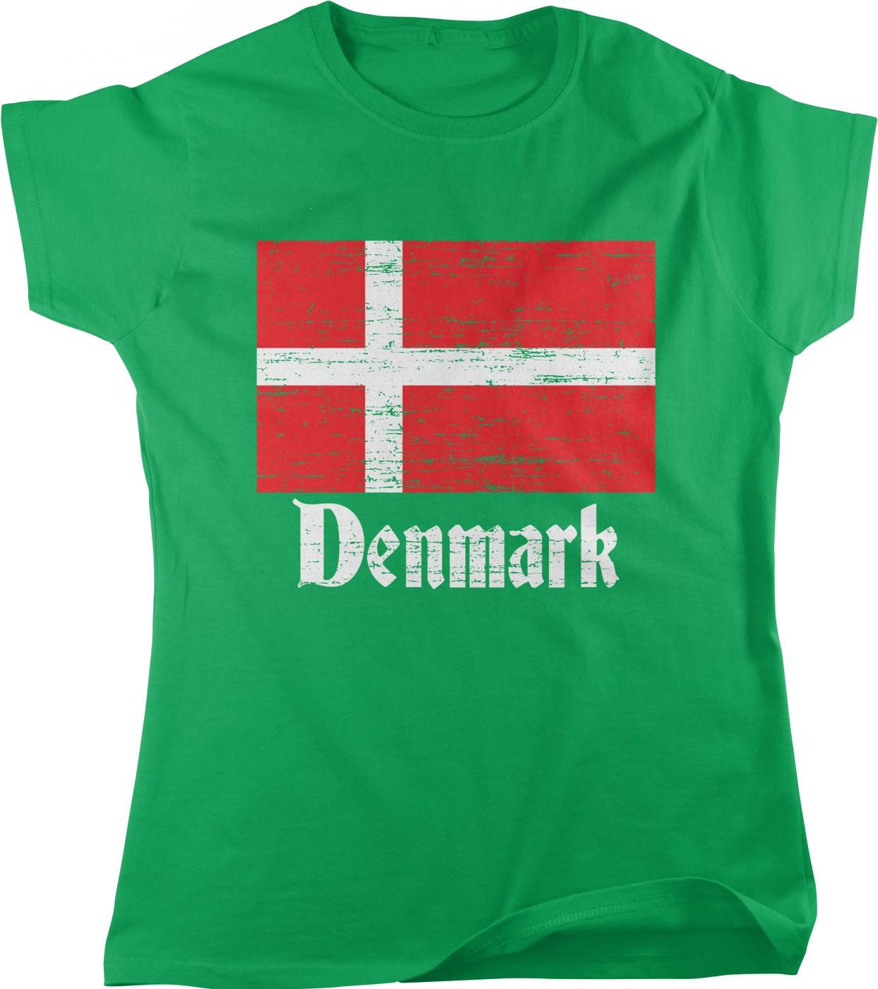 A green t-shirt with a graphic of the Danish flag and the word "Denmark" printed on it.