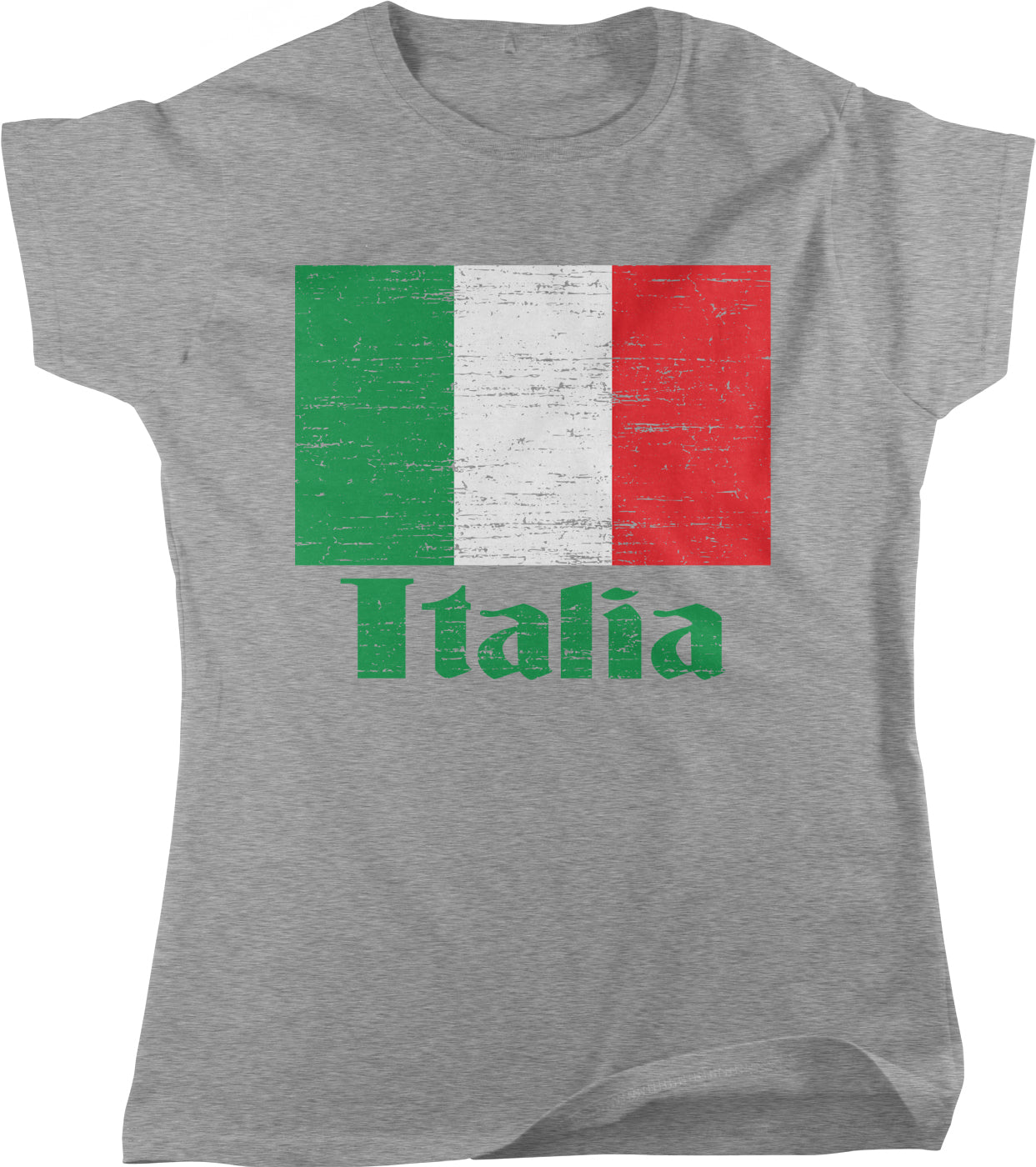 A gray t-shirt with a graphic design featuring the flag of Italy and the word "Italia" printed on it.