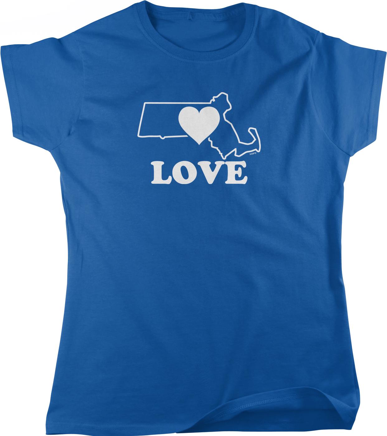 A blue t-shirt with a white graphic design that says "LOVE" and features a heart shape.