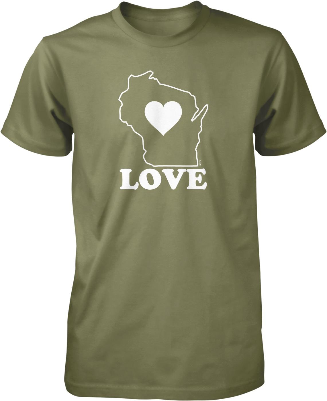 A green t-shirt with a graphic design featuring a heart shape and the word "LOVE" written below it.