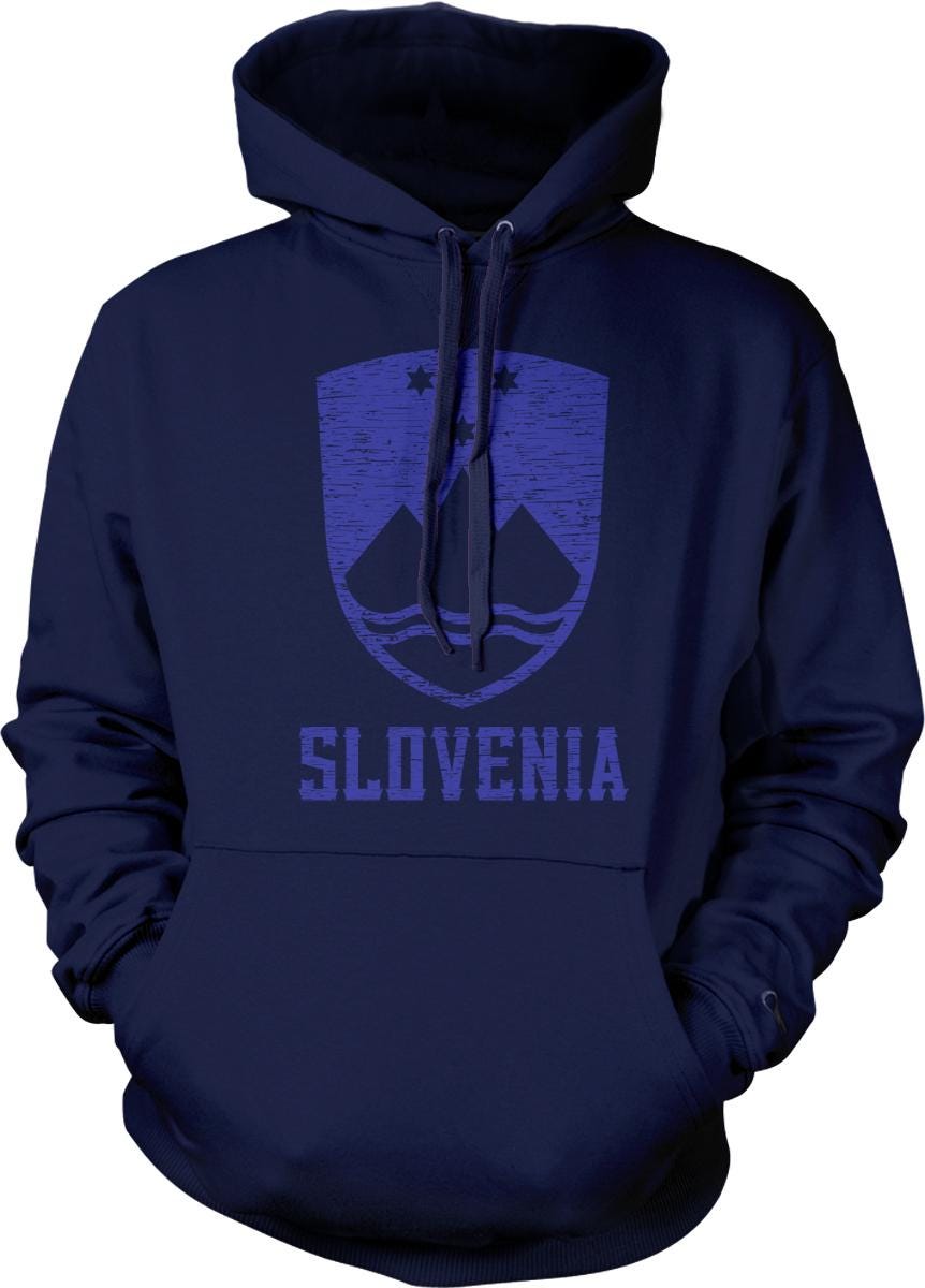 A navy blue hoodie with a graphic of the national coat of arms of Slovenia printed on it.