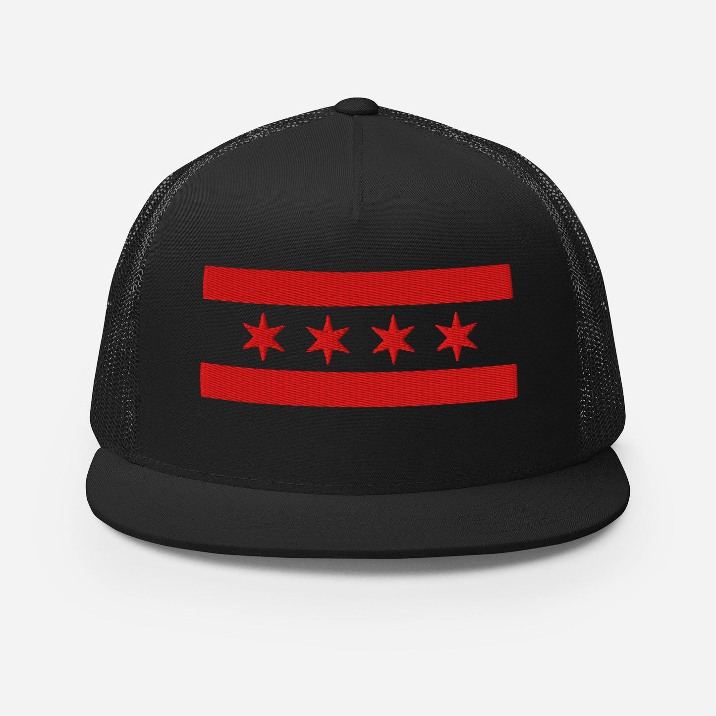 A black baseball cap with a red and white flag design on the front.