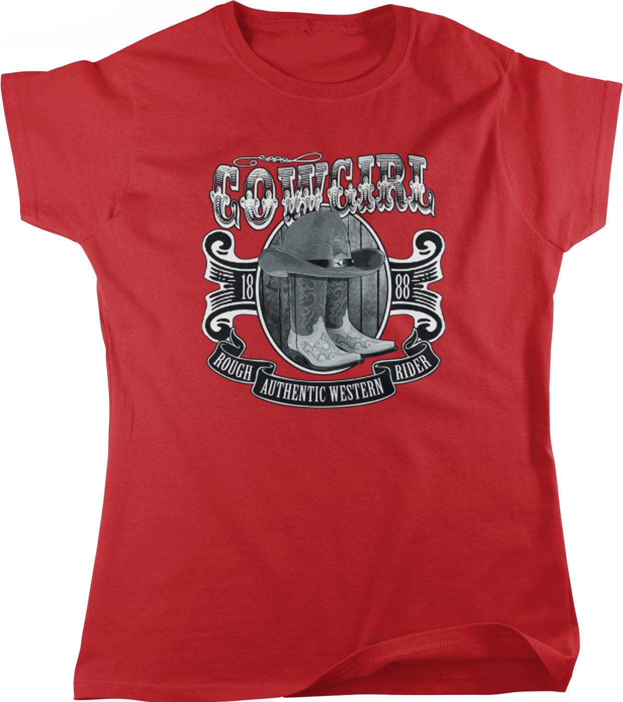 The image is a red t-shirt with a graphic design featuring a cowboy hat, boots, and the text "COWgirl" prominently displayed.