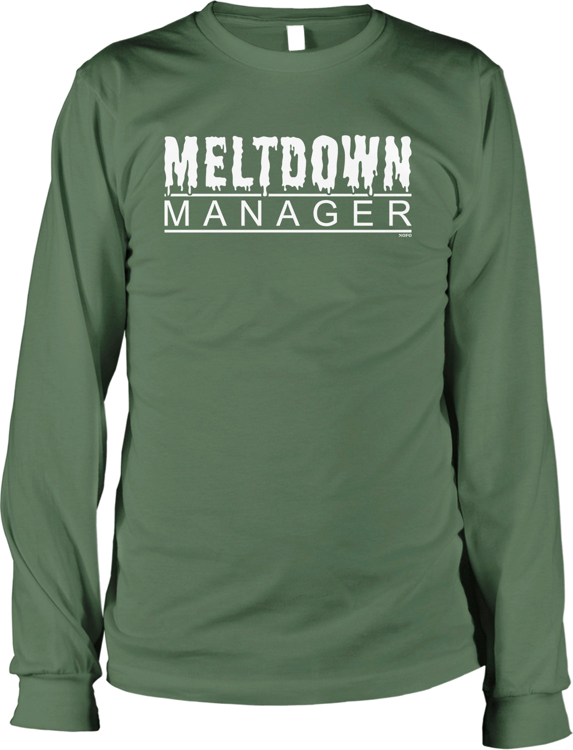 A green long-sleeved shirt with the text "MELTDOWN MANAGER" printed on it in white.