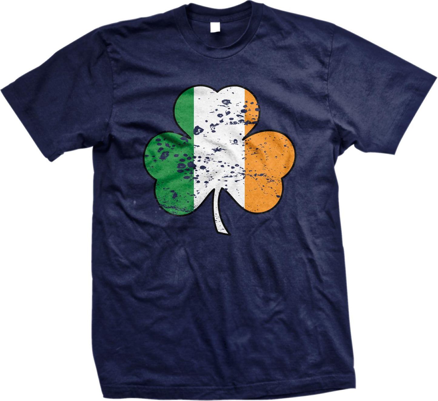 A navy blue t-shirt with a graphic design of a shamrock, which is a symbol associated with Ireland.